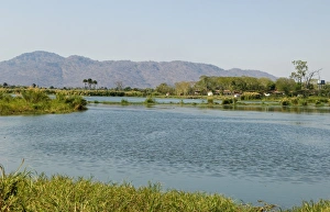 Malawi, Liwonde. View downstream along the Shire River from the barrage near Liwonde Malawi, Liwonde. View downstream along the Shire River from the barrage near Liwonde