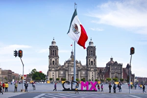 Mexico, Mexico City, Metropolitan Cathedral, Zocalo, Main Plaza, Mexican Flag Mexico, Mexico City, Metropolitan Cathedral, Zocalo, Main Plaza, Mexican Flag