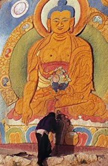 Rock Painting Gallery: A monk bows before an image of a deity, Sera Monastery