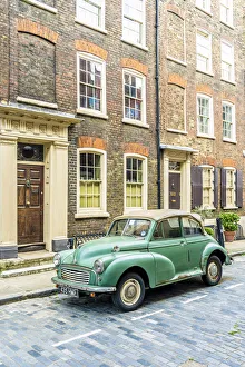 Morris Minor car and 18th Century Georgian town houses, Shoreditch, London, England, Uk Morris Minor car and 18th Century Georgian town houses, Shoreditch, London, England, Uk