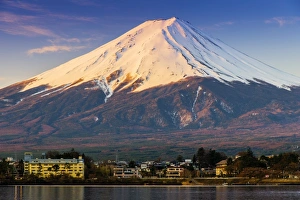 Mount Fuji at sunrise as seen from Lake Kawaguchi, Yamanashi Prefecture, Japan Mount Fuji at sunrise as seen from Lake Kawaguchi, Yamanashi Prefecture, Japan