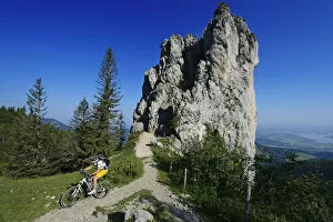 Cycling Gallery: Mountain bikers before Staffelstein, Kampenwand, Chiemgau, Upper Bavaria, Bavaria