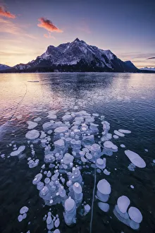 Mt. Michener & Frozen Bubbles in Abraham Lake at Sunrise, Kootenay Plains, Alberta Mt. Michener & Frozen Bubbles in Abraham Lake at Sunrise, Kootenay Plains, Alberta
