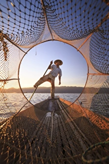 Images Dated 24th November 2014: Myanmar (Burma), Shan State, Inle Lake, local fishermen at sunset