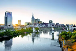 Nashville, Tennessee, Skyline, Cumberland River, John Seigenthaler Pedestrian Bridge Nashville, Tennessee, Skyline, Cumberland River, John Seigenthaler Pedestrian Bridge