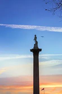 Nelsons Column in Trafalgar Square at twilight, West End, Central London, England Nelsons Column in Trafalgar Square at twilight, West End, Central London, England
