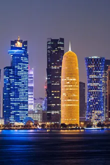 Night view of the business district skyline, Doha, Qatar Night view of the business district skyline, Doha, Qatar