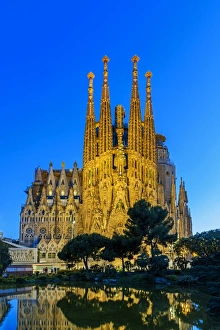 Night view of the Nativity facade of Sagrada Familia basilica church, Barcelona, Catalonia