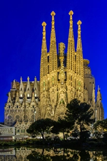 Night view of the Nativity facade of Sagrada Familia basilica church, Barcelona, Catalonia Night view of the Nativity facade of Sagrada Familia basilica church, Barcelona, Catalonia