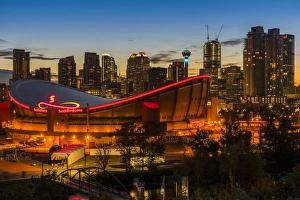 Night view of Saddledome stadium and city skyline, Calgary, Alberta, Canada Night view of Saddledome stadium and city skyline, Calgary, Alberta, Canada