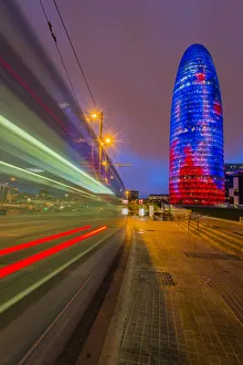 Night view of Torre Agbar skyscraper designed by French architect Jean Nouvel, Barcelona Night view of Torre Agbar skyscraper designed by French architect Jean Nouvel, Barcelona