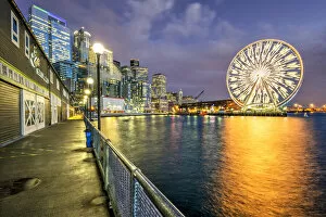 Ferris Collection: Night view of waterfront and ferris wheel, Seattle, Washington, USA