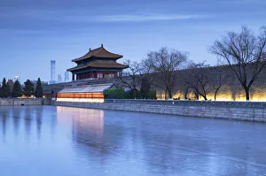 North Gate and moat of Forbidden City at dusk with CITIC Tower in background, Beijing North Gate and moat of Forbidden City at dusk with CITIC Tower in background, Beijing