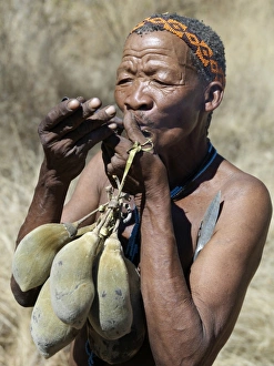 A N!!S hunter-gatherer lights his pipe to relax having A N!!S hunter-gatherer lights his pipe to relax having