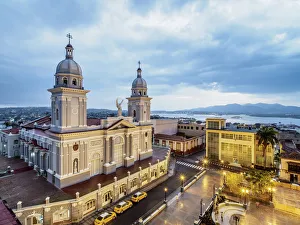 Nuestra Senora de la Asuncion Cathedral at dusk, elevated view, Parque Cespedes Nuestra Senora de la Asuncion Cathedral at dusk, elevated view, Parque Cespedes