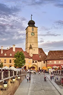 Old Town Hall Tower (Council Tower) and Piata Mica at dusk. Sibiu, Transylvania. Romania Old Town Hall Tower (Council Tower) and Piata Mica at dusk. Sibiu, Transylvania. Romania