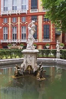 Palazzo Bianco gardens with Palazzo Rosso in the background, Genoa, Liguria, Italy Palazzo Bianco gardens with Palazzo Rosso in the background, Genoa, Liguria, Italy