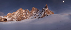 Pale di San Martino in winter with full moon seen from the Segantini hut, Trentino Alto Adige Pale di San Martino in winter with full moon seen from the Segantini hut, Trentino Alto Adige
