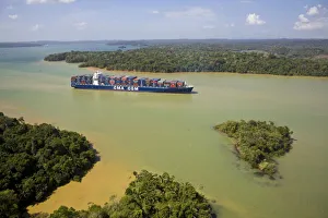 Panama, Container transiting Panama Canal, Gatun Lake Panama, Container transiting Panama Canal, Gatun Lake