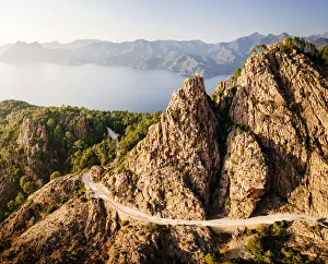 Panoramic aerial view of Calanches de Piana coastline, Western Corsica Island, France Panoramic aerial view of Calanches de Piana coastline, Western Corsica Island, France