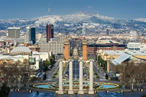 Panoramic view over Barcelona from Montjuic in a snow day, Barcelona, Catalonia, Spain Panoramic view over Barcelona from Montjuic in a snow day, Barcelona, Catalonia, Spain