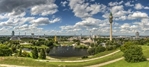 Panoramic view over the Olympic stadium and the Olympic tower or Olympiaturm, Olympiapark Panoramic view over the Olympic stadium and the Olympic tower or Olympiaturm, Olympiapark
