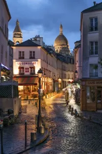 Prints of Montmartre at night with illuminated Sacre Coeur Basilica in the background, Paris, France France Prints: Montmartre Night Print with Sacre Coeur Basilica