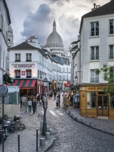 Prints of Streets of Montmartre with Sacre Coeur Basilica in the background, Paris, France Paris Prints: Print of Montmartre Streets with Sacre Coeur Basilica, Paris
