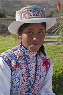 Peru, A Collaya women in traditional dress at the main square of Yanque Peru, A Collaya women in traditional dress at the main square of Yanque