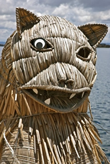 Peru, The prow of a large reed boat used to take tourists to the unique floating islands of Uros on Lake Peru, The prow of a large reed boat used to take tourists to the unique floating islands of Uros on Lake