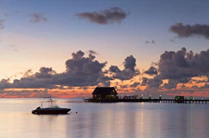 Pier at Olhuveli Beach and Spa Resort at sunset, South Male Atoll, Kaafu Atoll, Maldives