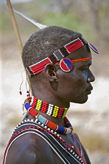 A Pokot man wearing typical beaded ornaments of his tribe. The Pokot are pastoralists speaking a Southern Nilotic A Pokot man wearing typical beaded ornaments of his tribe. The Pokot are pastoralists speaking a Southern Nilotic