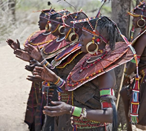 Pokot women wearing traditional beaded ornaments and brass earrings denoting their married status Pokot women wearing traditional beaded ornaments and brass earrings denoting their married status