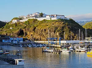Portugal, Azores, Santa Maria, Vila do Porto, View from harbour towards old town