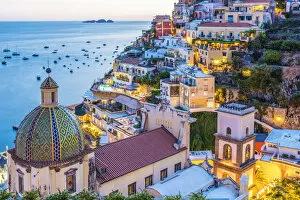 Illuminated Collection: Positano, Salerno Province, Campania, Italy. View of the center of Positano at dusk
