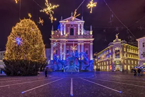 Preseren Square and Franciscan Church of the Annunciation adorned with Christmas lights Preseren Square and Franciscan Church of the Annunciation adorned with Christmas lights