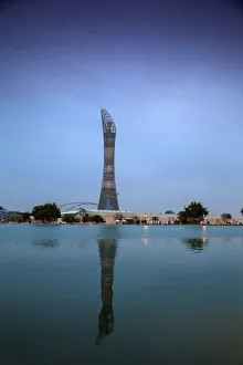 Qatar, Doha, The Torch Hotel reflecting in the lake in Aspire Park Qatar, Doha, The Torch Hotel reflecting in the lake in Aspire Park