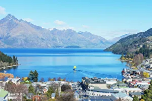 Queenstown and lake Wakatipu, elevated view, Queenstown, South Island, New Zealand Queenstown and lake Wakatipu, elevated view, Queenstown, South Island, New Zealand