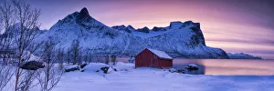Red Boat Hut & Mountain at Sunset, Senja, Norway Red Boat Hut & Mountain at Sunset, Senja, Norway