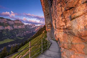 Red light of sunrise at Berggasthaus Aescher, Canton of Appenzell, Alpstein, Switzerland Red light of sunrise at Berggasthaus Aescher, Canton of Appenzell, Alpstein, Switzerland