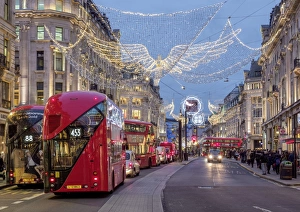Regent Street with Christmas Illuminations at twilight, London, England, United Kingdom Regent Street with Christmas Illuminations at twilight, London, England, United Kingdom