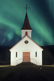 The Reyniskirkja with the northern lights, Reynisfjara, Sudurland, Iceland, Europe The Reyniskirkja with the northern lights, Reynisfjara, Sudurland, Iceland, Europe