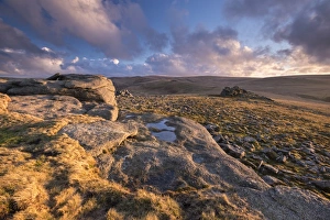 Rich evening sunlight bathes the moorland at Higher Tor in Dartmoor National Park, Devon, England Rich evening sunlight bathes the moorland at Higher Tor in Dartmoor National Park, Devon, England