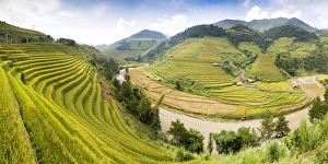 A river flows through lush, green rice terraces, Mu Cang Chai, Yen Bai Province, Vietnam A river flows through lush, green rice terraces, Mu Cang Chai, Yen Bai Province, Vietnam