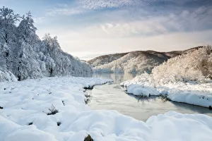 River and forests of Plitvice Lakes National Park in winter, Plitvicka Jezera River and forests of Plitvice Lakes National Park in winter, Plitvicka Jezera