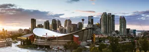 Images Dated 14th September 2017: Saddledome stadium and city skyline at sunset, Calgary, Alberta, Canada