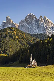 San Giovanni in Ranui church with odle Dolomites on the background. Santa Maddalena San Giovanni in Ranui church with odle Dolomites on the background. Santa Maddalena