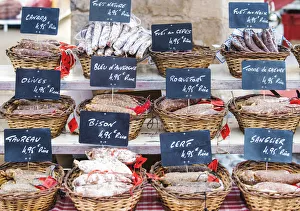 Sausages stall at the outdoor market, Limousin, France Sausages stall at the outdoor market, Limousin, France