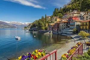 Scenic springtime view of Varenna with snowy Alps in the background, Lake Como, Lombardy Scenic springtime view of Varenna with snowy Alps in the background, Lake Como, Lombardy