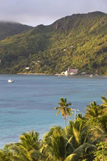 Seychelles, Mahe Island, Anse Royale, Town Church and palms, morning Seychelles, Mahe Island, Anse Royale, Town Church and palms, morning